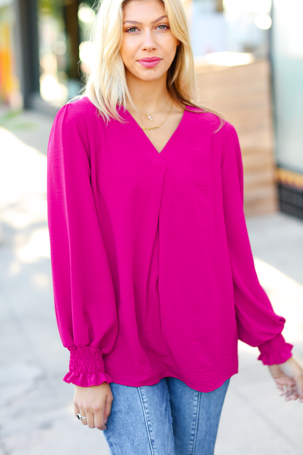 Feminine Flair Magenta Banded V Neck Smocked Top