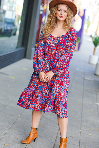 Take The Leap Magenta Floral Print Midi Dress