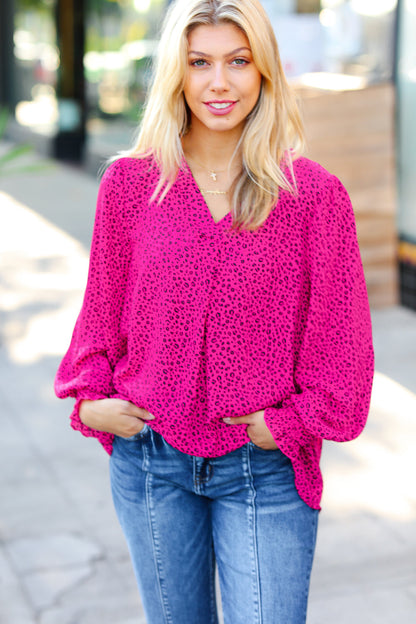 Get Ready Fuchsia Leopard V Neck Smocked Top