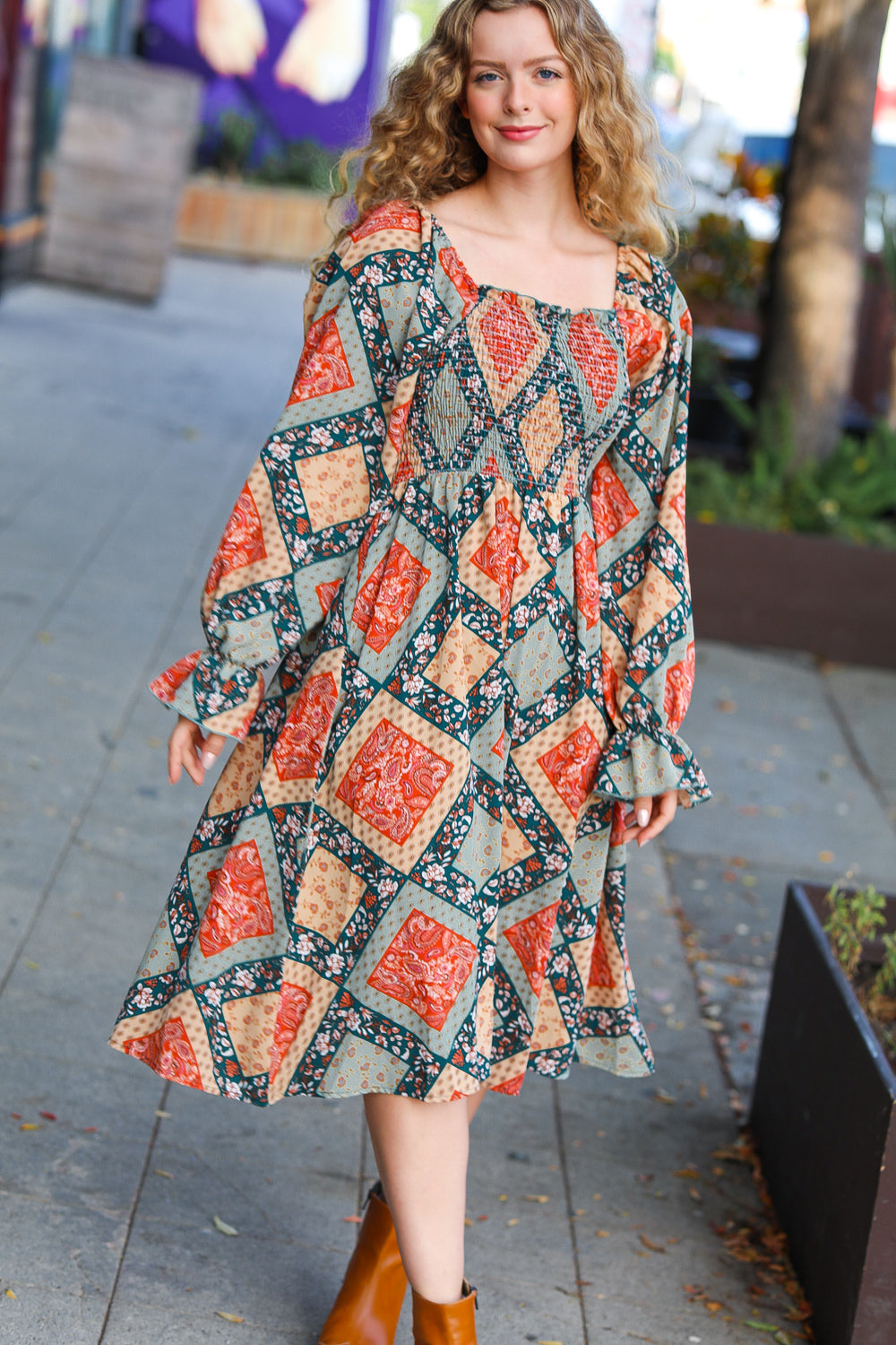 Join Me Later Rust/Teal Boho Smocked Woven Midi Dress