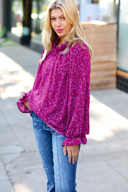 Magenta In Your Dreams Ditzy Floral Frill Neck Top