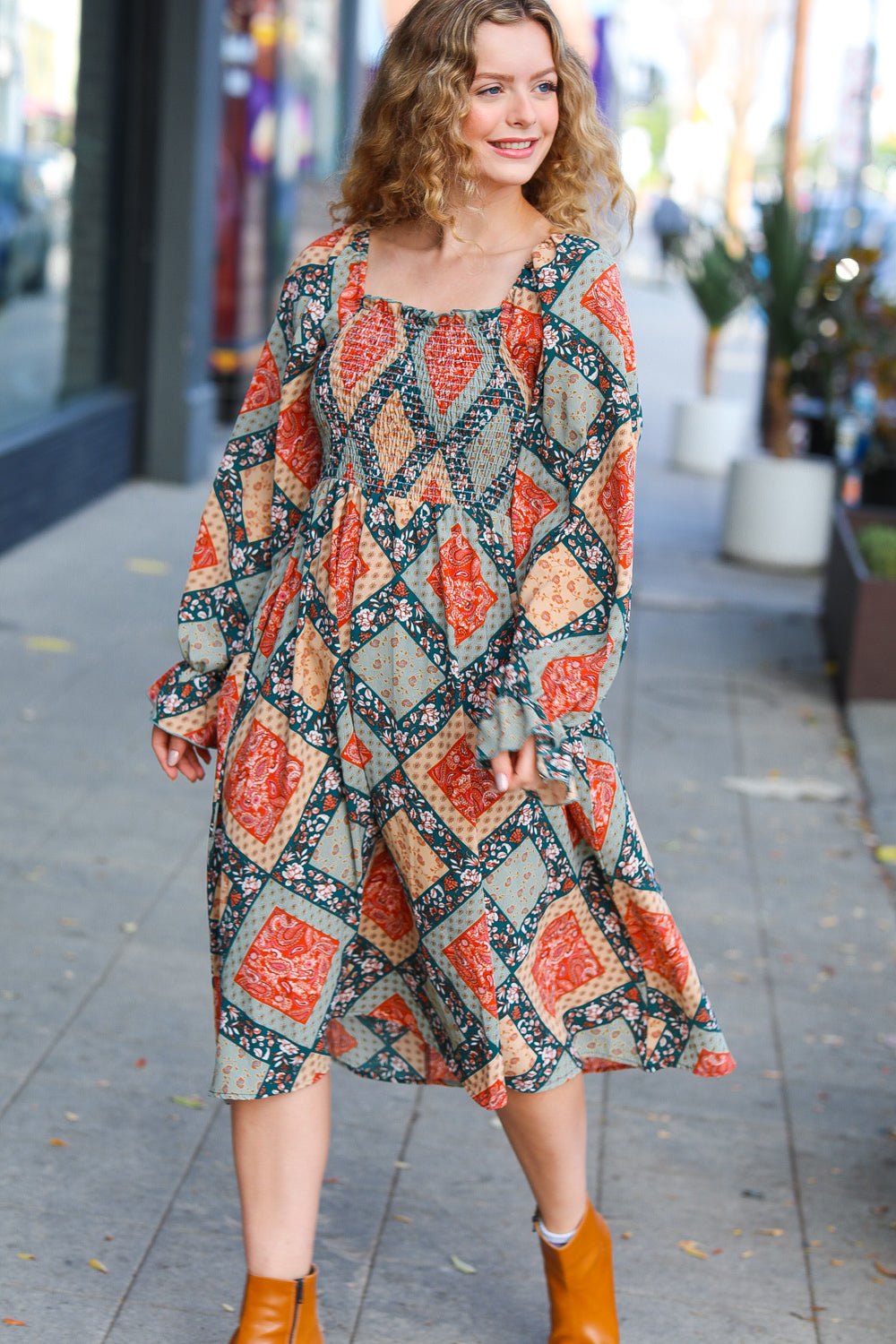 Join Me Later Rust/Teal Boho Smocked Woven Midi Dress