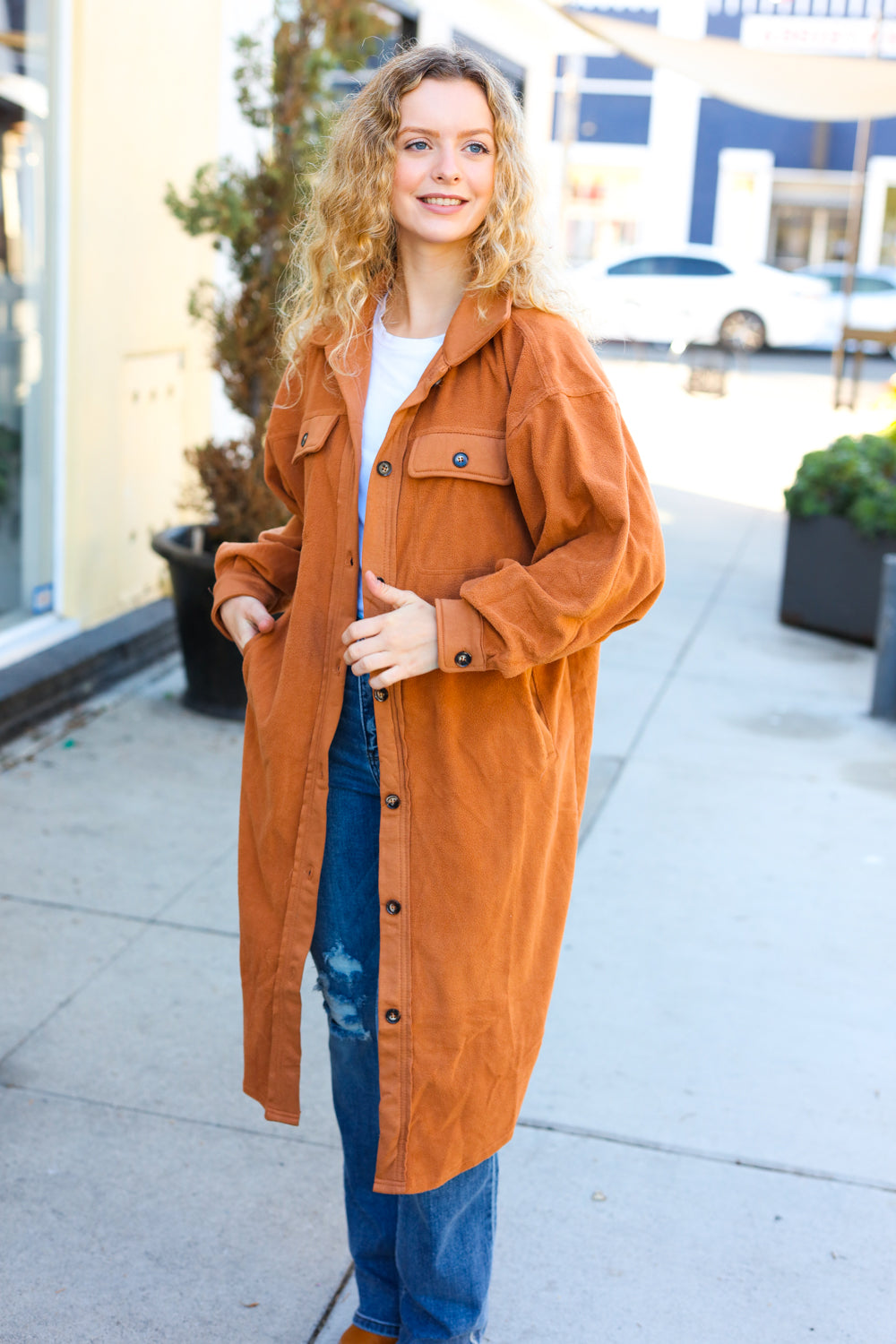 On Your Terms Camel Fleece Button Down Duster Jacket