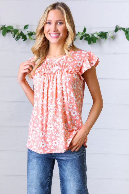 Peach Floral Print Frilled Short Sleeve Yoke Top