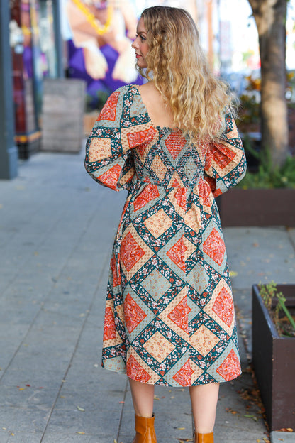 Join Me Later Rust/Teal Boho Smocked Woven Midi Dress