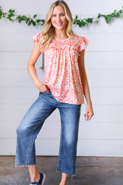 Peach Floral Print Frilled Short Sleeve Yoke Top