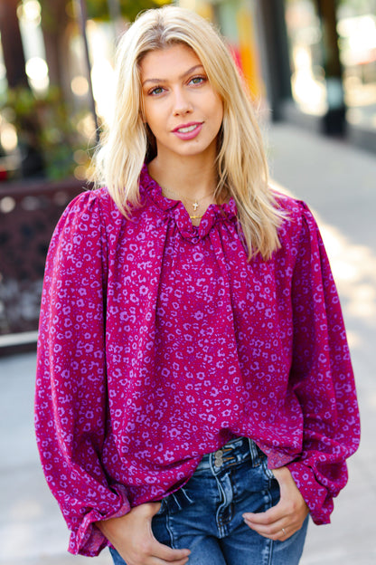 Magenta In Your Dreams Ditzy Floral Frill Neck Top