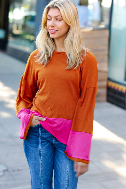 Loud Love Fuchsia & Rust Color Block Hacci Top