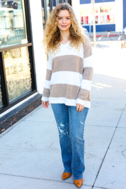 Eyes On You Latte Striped Fuzzy Knit Sweater