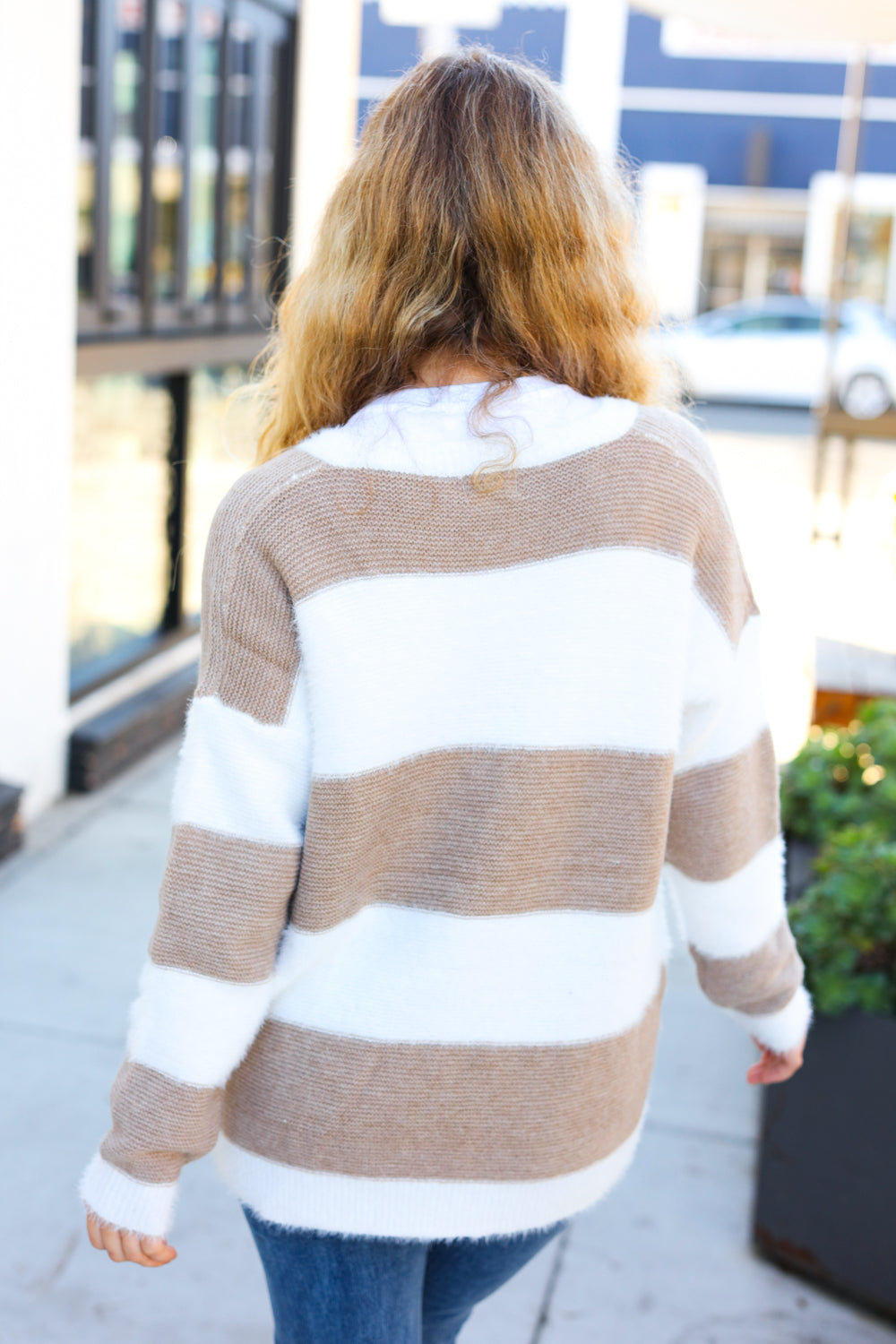 Eyes On You Latte Striped Fuzzy Knit Sweater