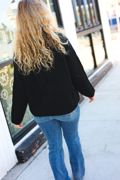 Better Than Ever Black Loose Knit Henley Button Sweater