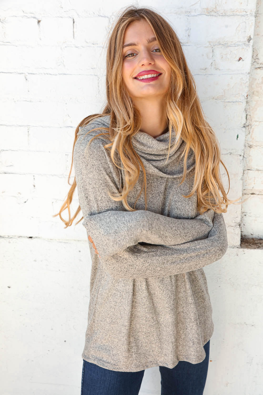 Beige Two Tone Hacci Cowl Neck Sweater Top