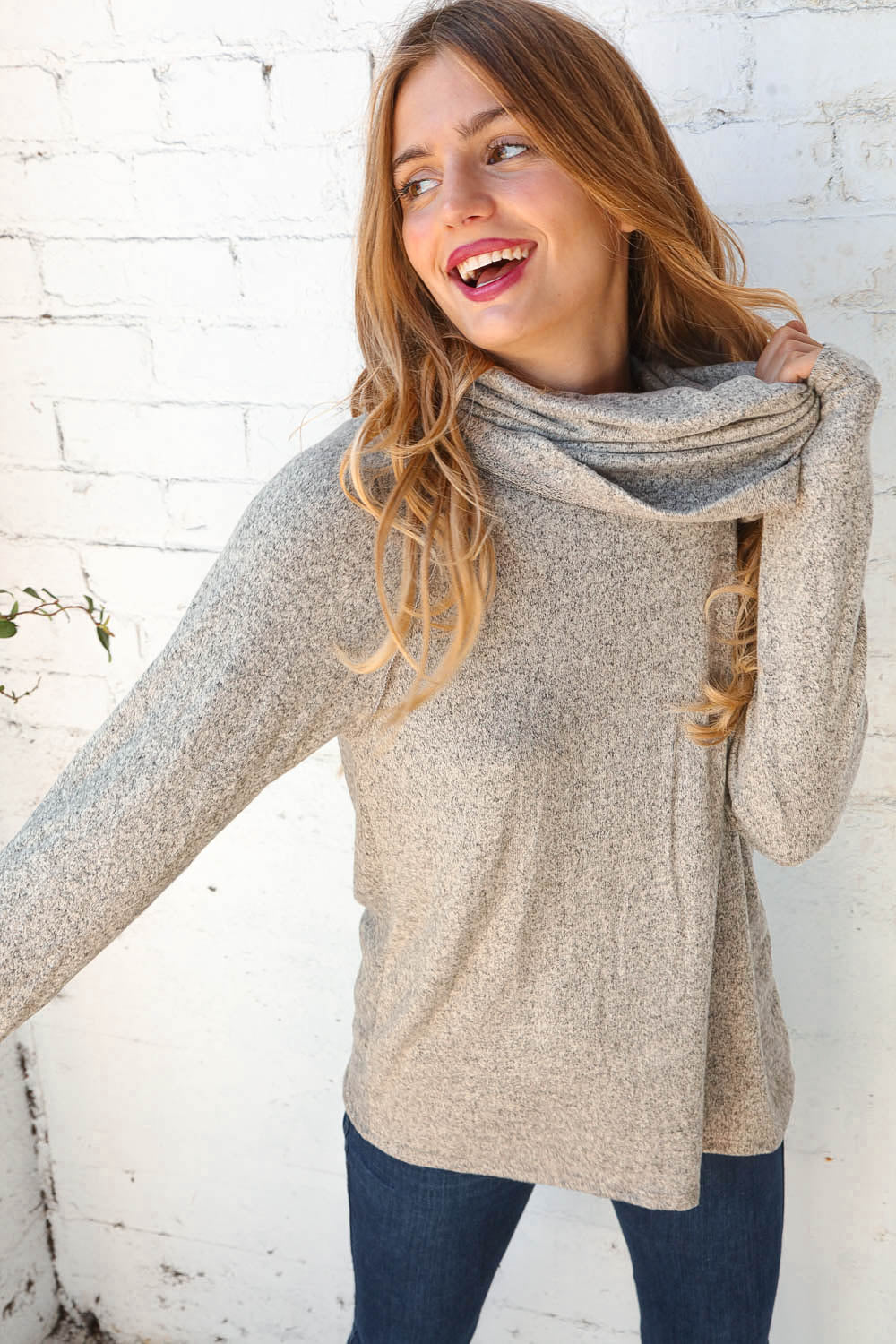 Beige Two Tone Hacci Cowl Neck Sweater Top