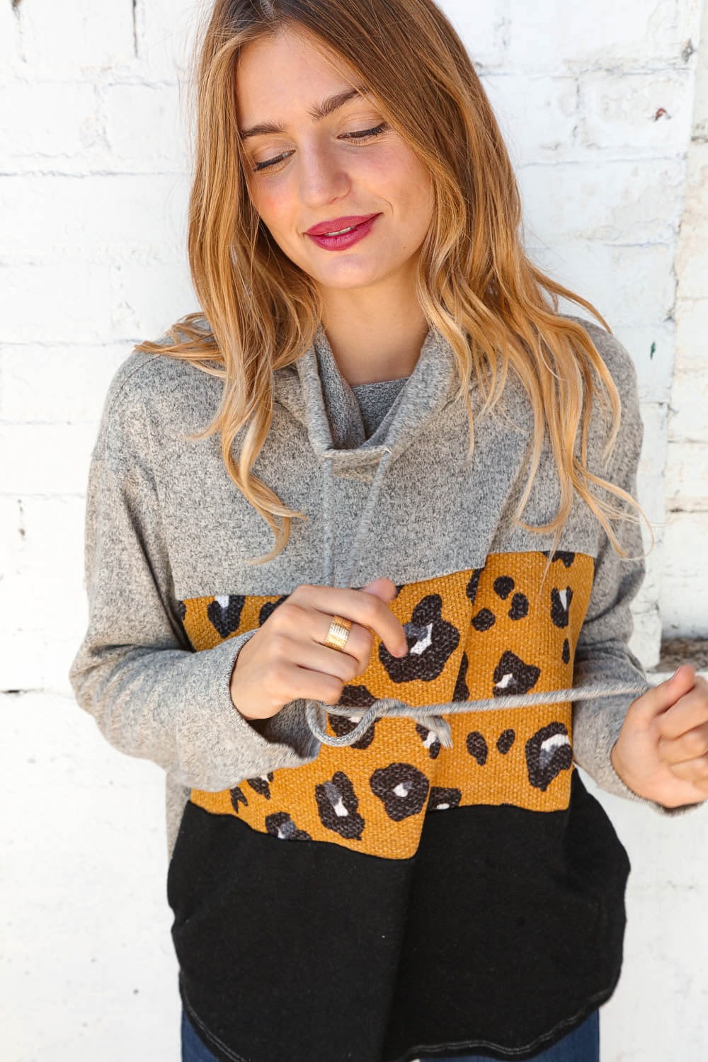 Leopard Jacquard Hacci Color Block Turtleneck