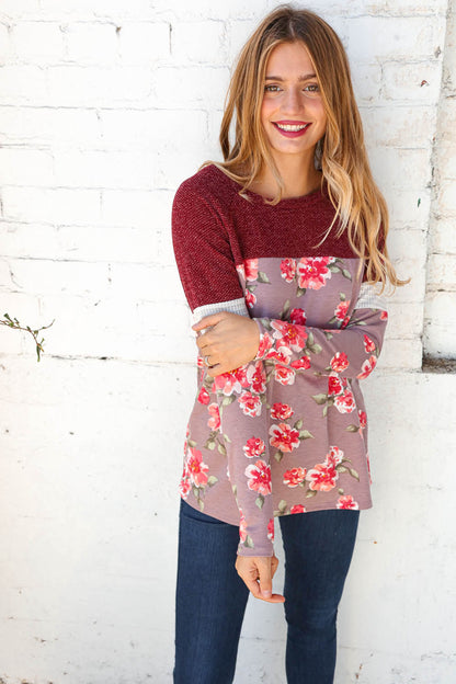 Two Tone Textured Yoke Raglan Floral Top