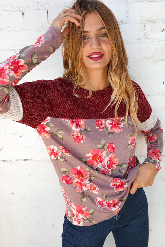 Two Tone Textured Yoke Raglan Floral Top