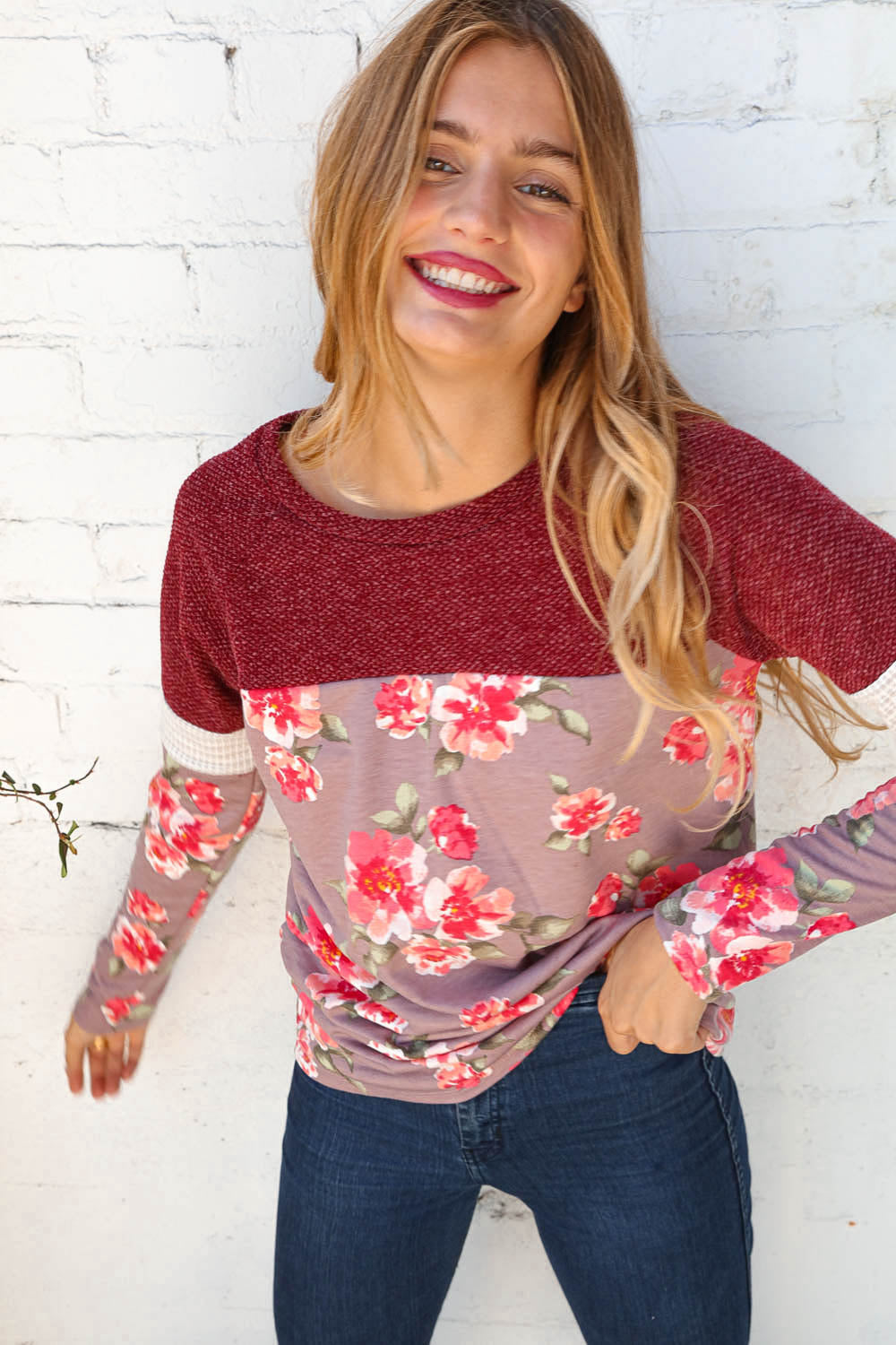 Two Tone Textured Yoke Raglan Floral Top