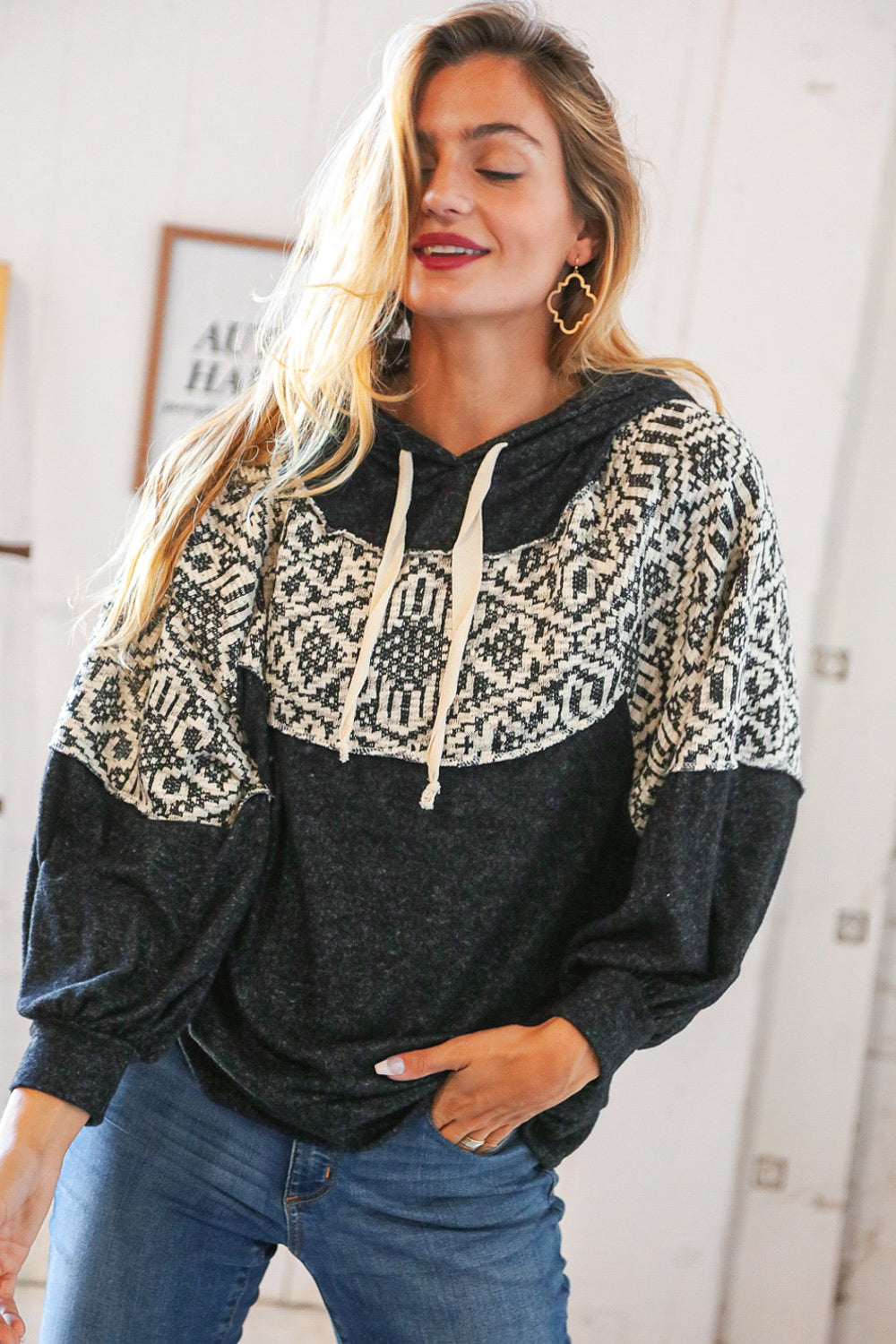 Aztec Jacquard Hacci Outseam Sweater Hoodie