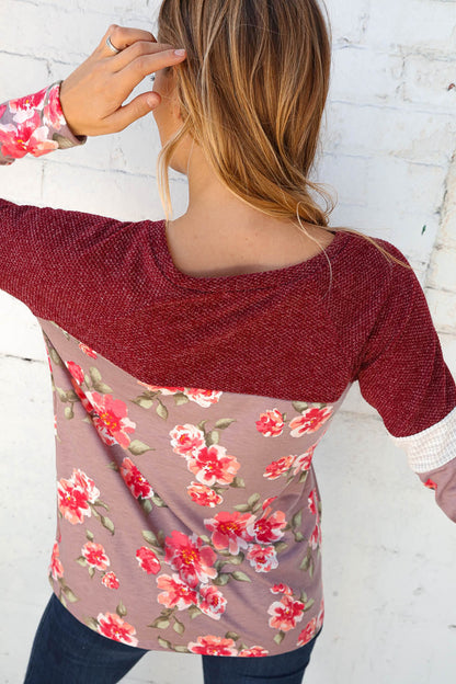 Two Tone Textured Yoke Raglan Floral Top