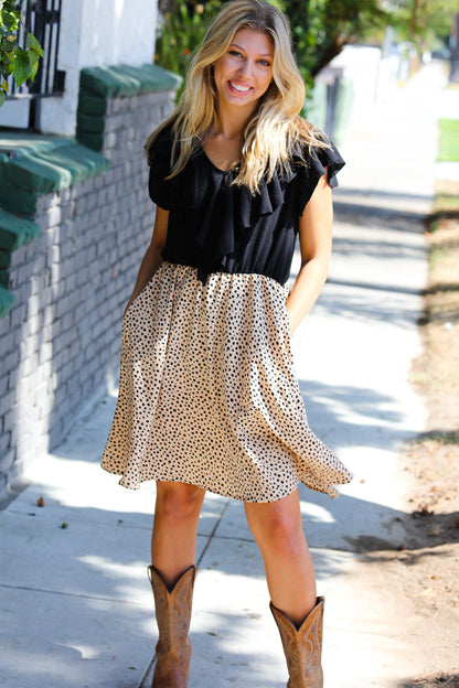 Two Fer Ruffle V Neck Leopard Woven Dress