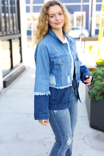 Easy Moves Blue Color Block Distressed Denim Jacket