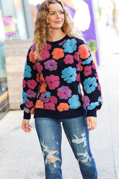 Feeling Joyful Navy & Fuchsia Embroidered Sherpa Flower Pullover