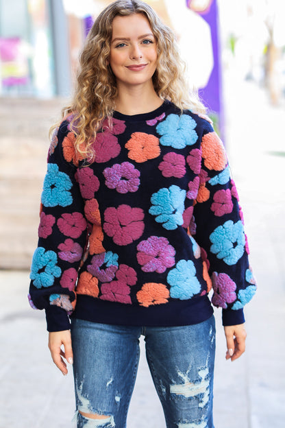 Feeling Joyful Navy & Fuchsia Embroidered Sherpa Flower Pullover