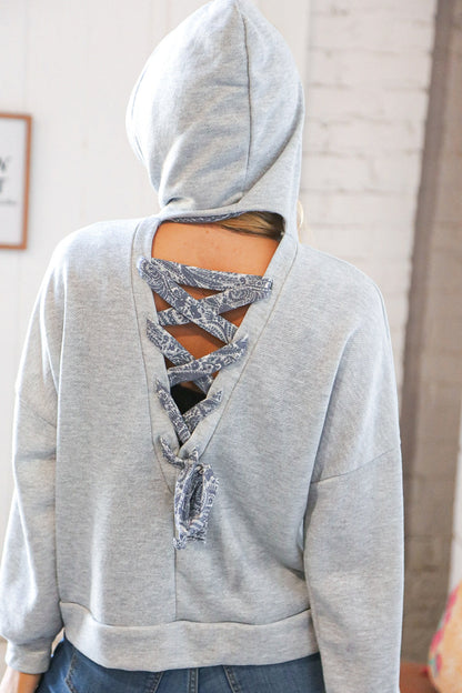 Grey Cotton Terry Paisley Sash Tie Back Hoodie