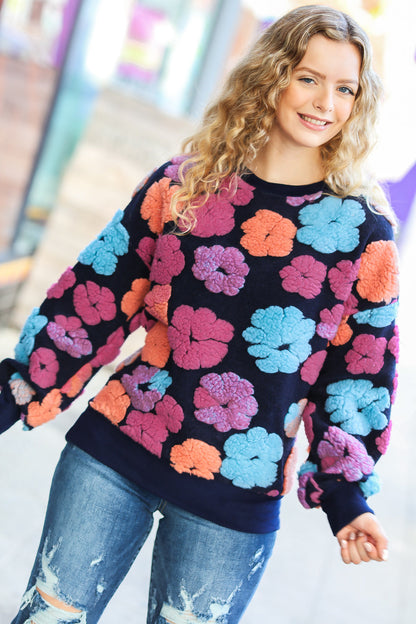 Feeling Joyful Navy & Fuchsia Embroidered Sherpa Flower Pullover