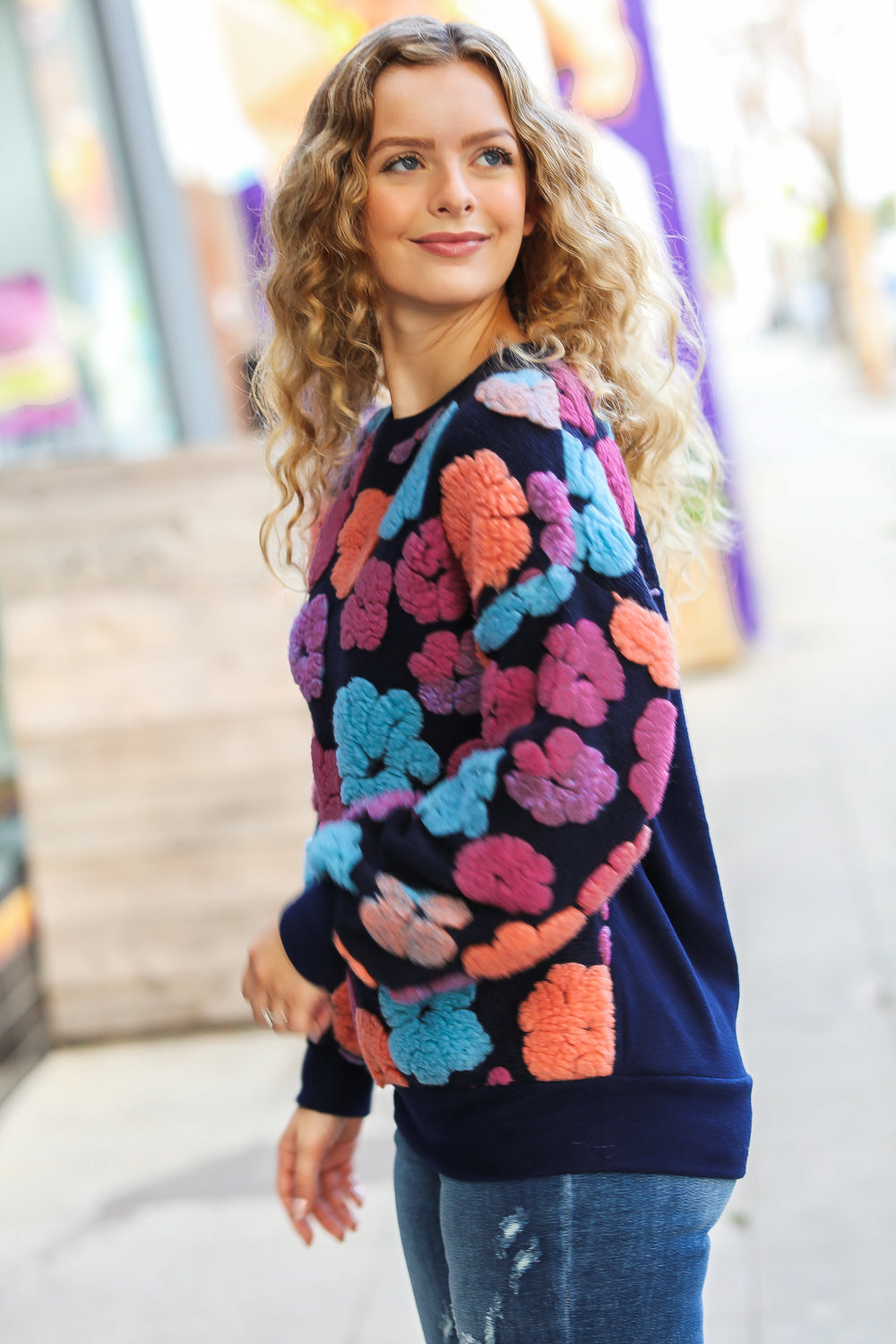 Feeling Joyful Navy & Fuchsia Embroidered Sherpa Flower Pullover