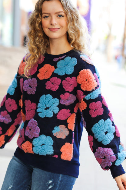 Feeling Joyful Navy & Fuchsia Embroidered Sherpa Flower Pullover