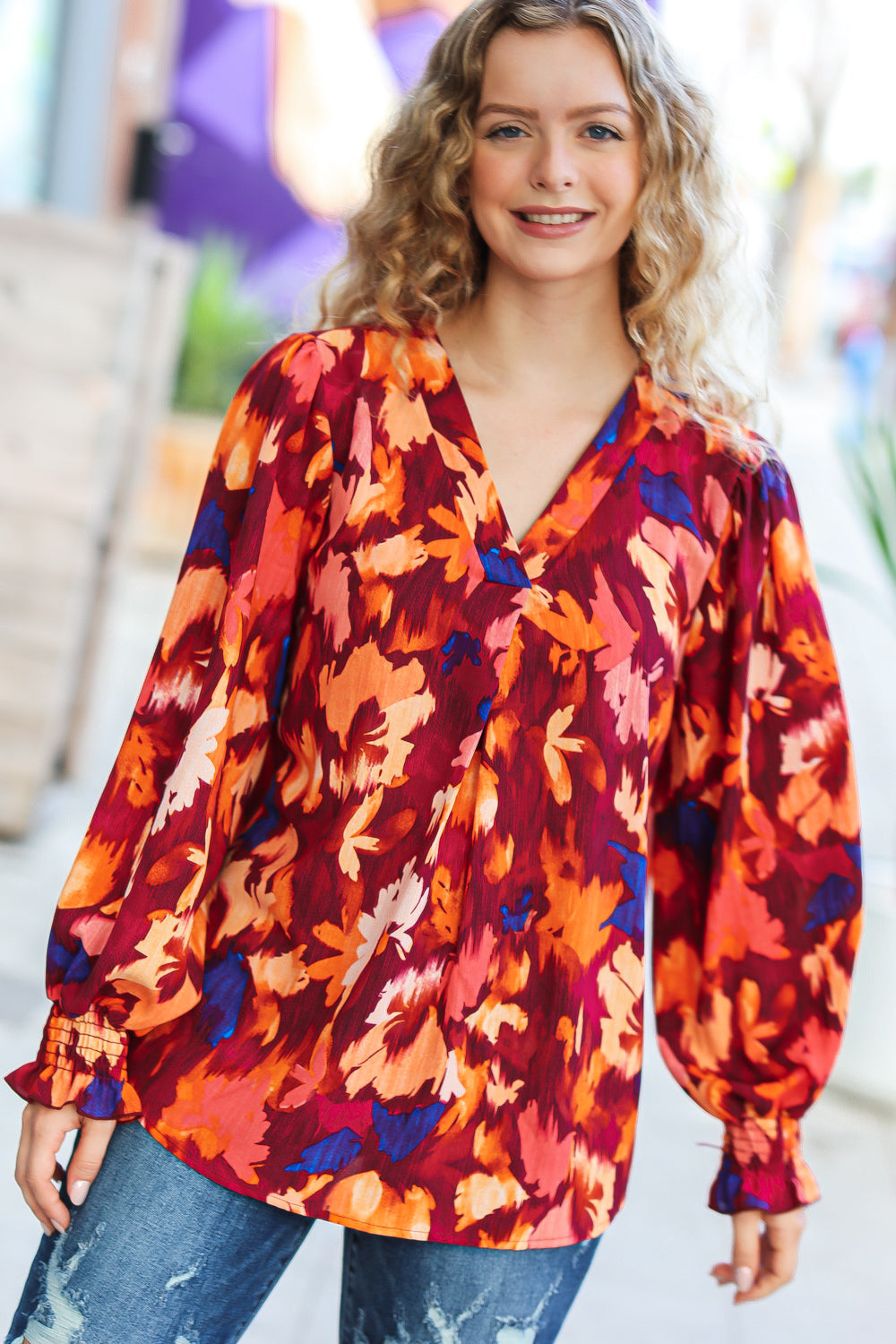 Face The Day Burgundy Floral Abstract Print V Neck Smocked Top