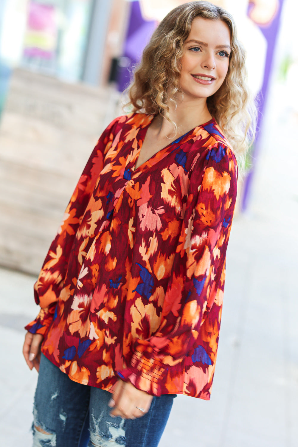 Face The Day Burgundy Floral Abstract Print V Neck Smocked Top