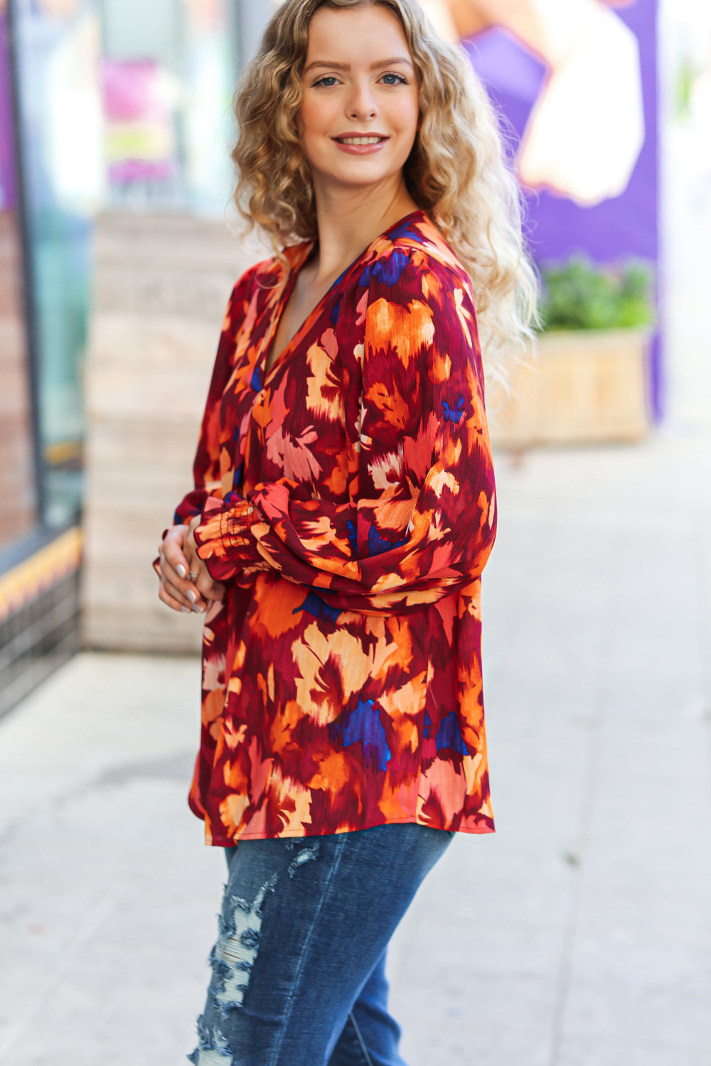 Face The Day Burgundy Floral Abstract Print V Neck Smocked Top