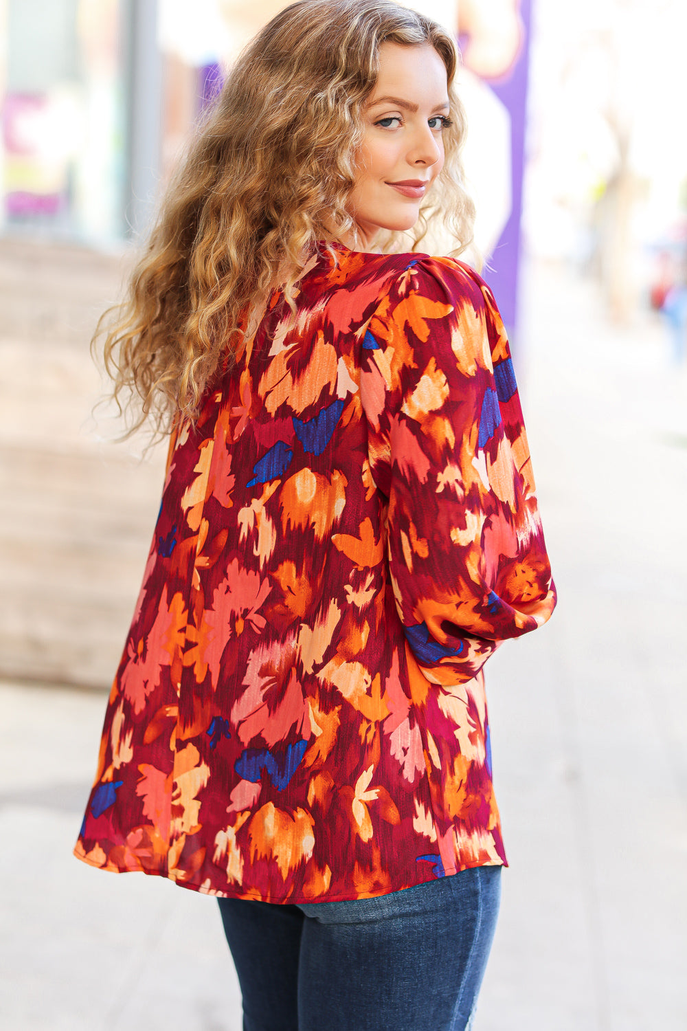 Face The Day Burgundy Floral Abstract Print V Neck Smocked Top