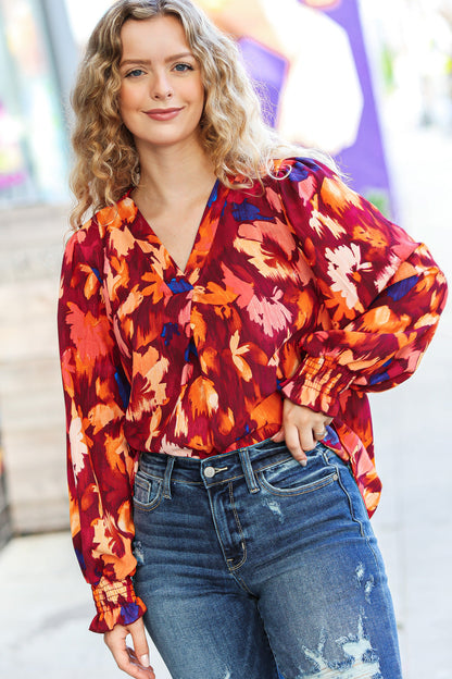 Face The Day Burgundy Floral Abstract Print V Neck Smocked Top