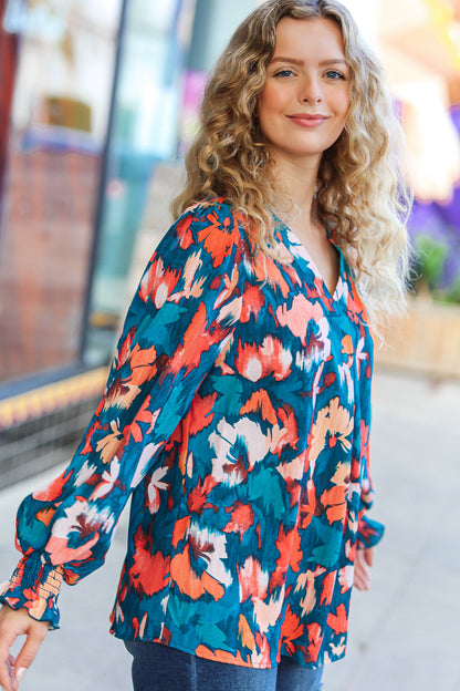 All I Ask Teal Floral Abstract Print V Neck Smocked Top