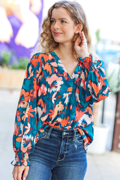 All I Ask Teal Floral Abstract Print V Neck Smocked Top