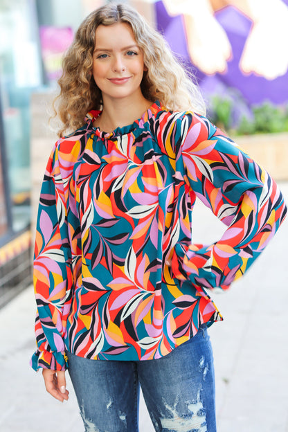 Weekend Vibes Teal & Rust Abstract Print Frill Neck Top