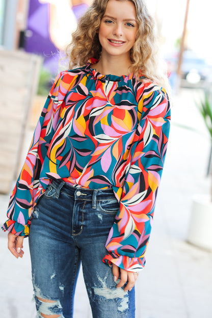 Weekend Vibes Teal & Rust Abstract Print Frill Neck Top