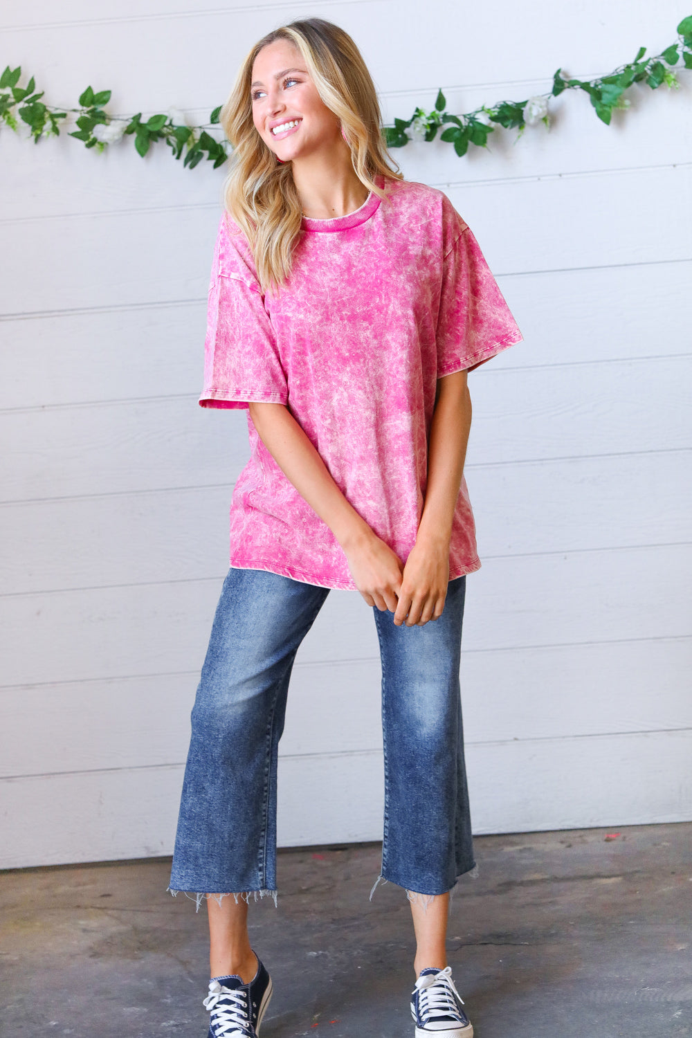 Rose Cotton Wash Short Sleeve Crew Neck Top