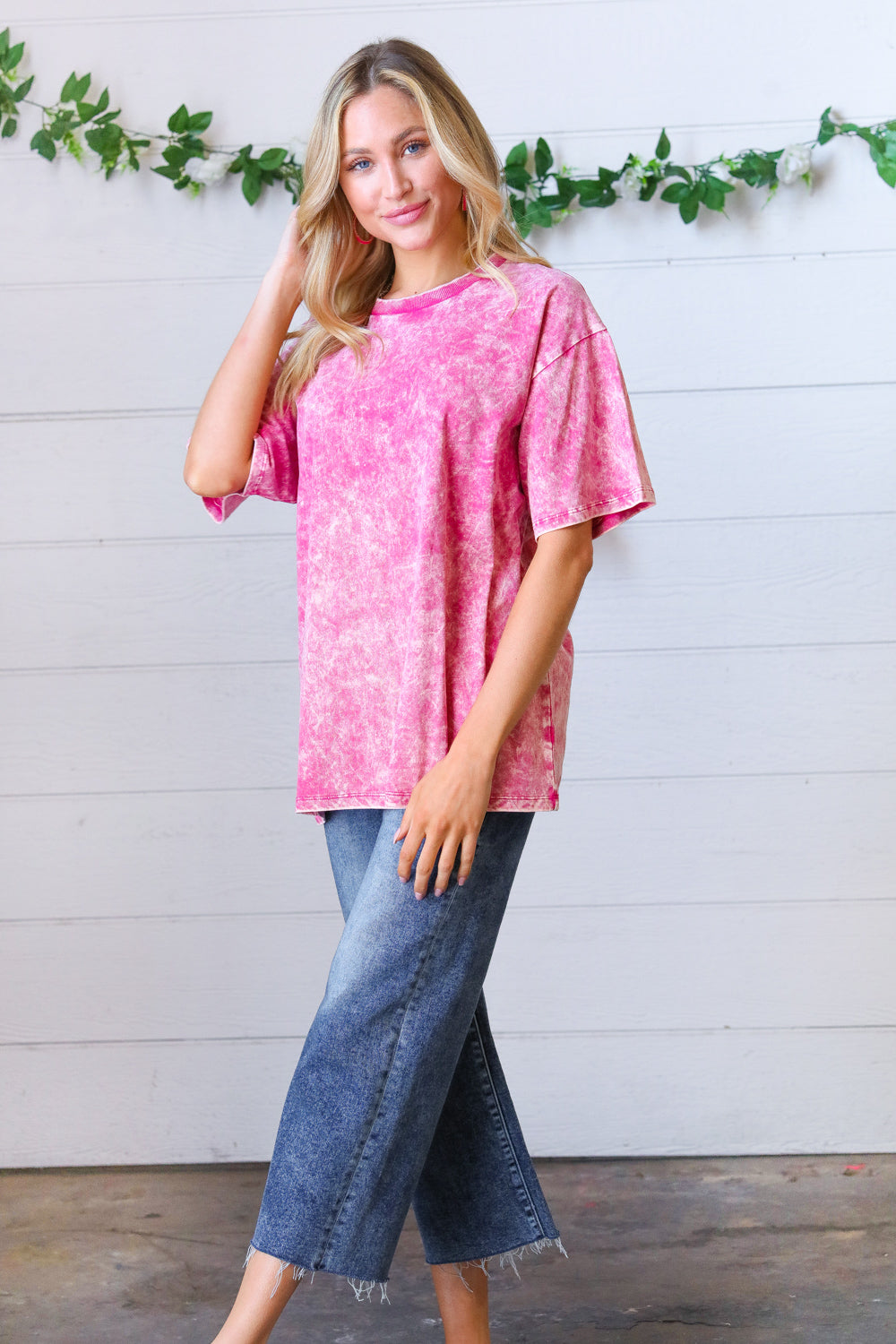 Rose Cotton Wash Short Sleeve Crew Neck Top