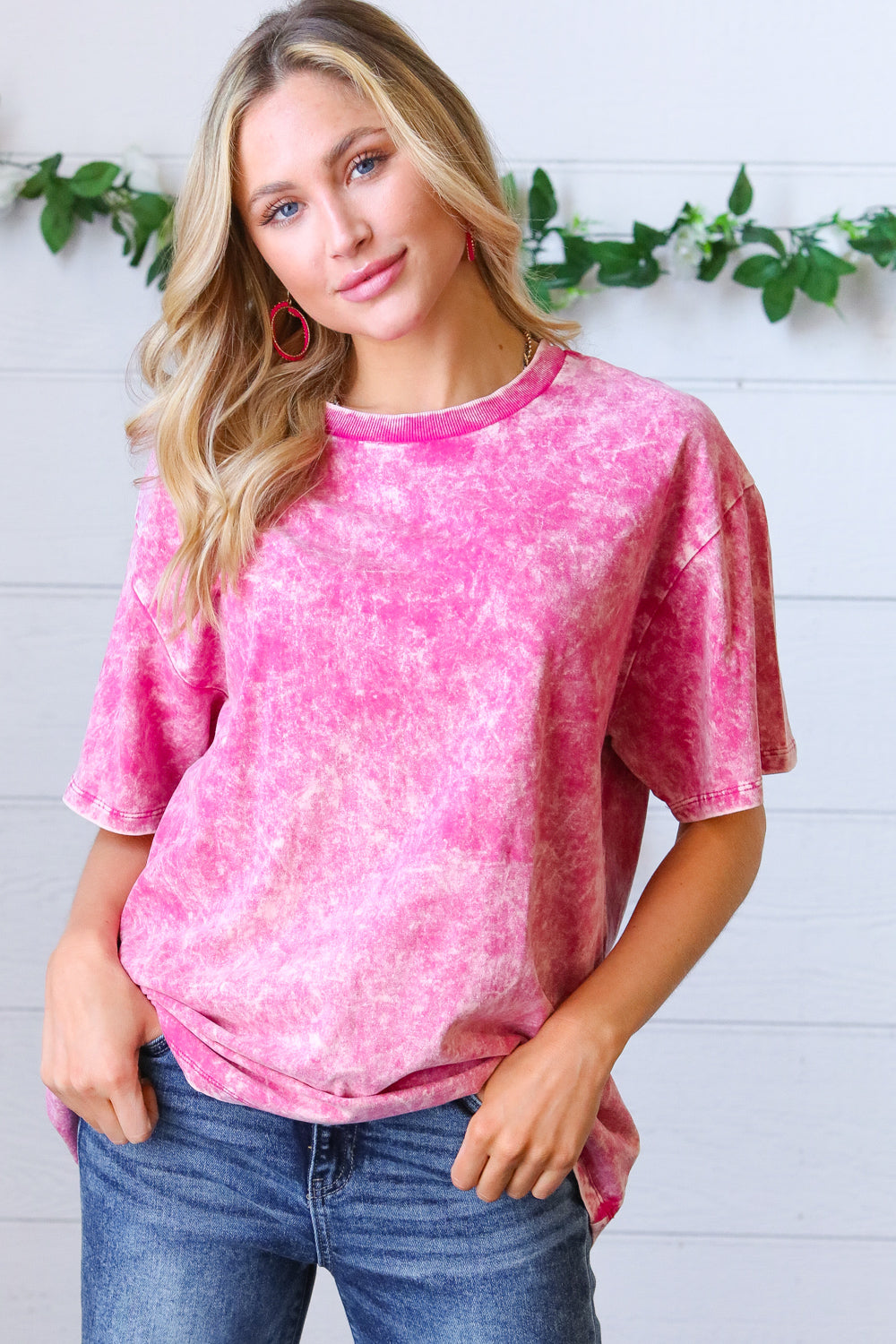 Rose Cotton Wash Short Sleeve Crew Neck Top