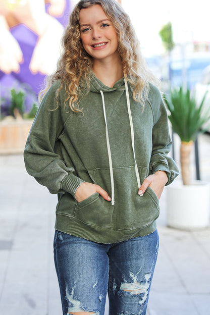 Know Yourself Olive Acid Wash Fleece Lined Hoodie