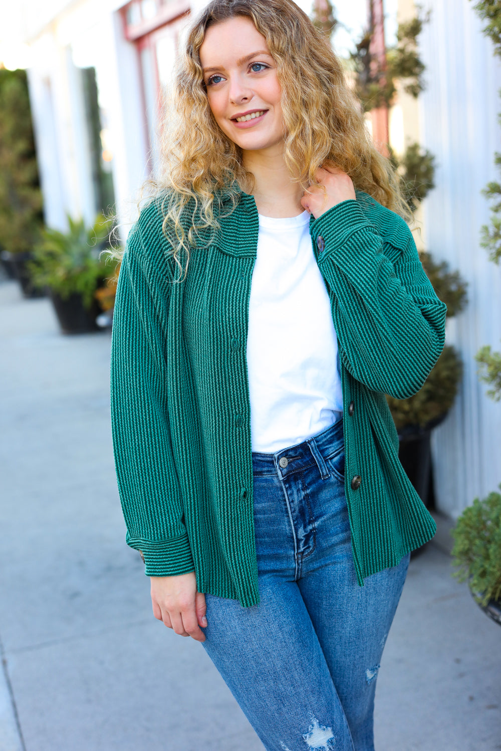 Holiday Pine Green Ribbed Button Down Shacket