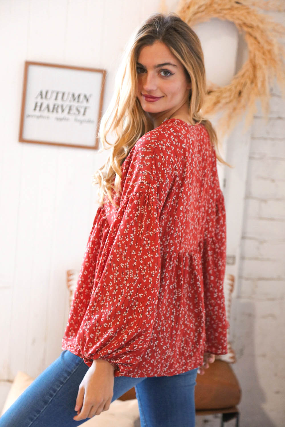 Rust V Neck Floral Babydoll Woven Top