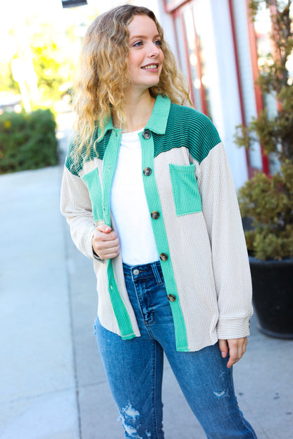 Give Joy Hunter Green Ribbed Colorblock Button Down Shacket