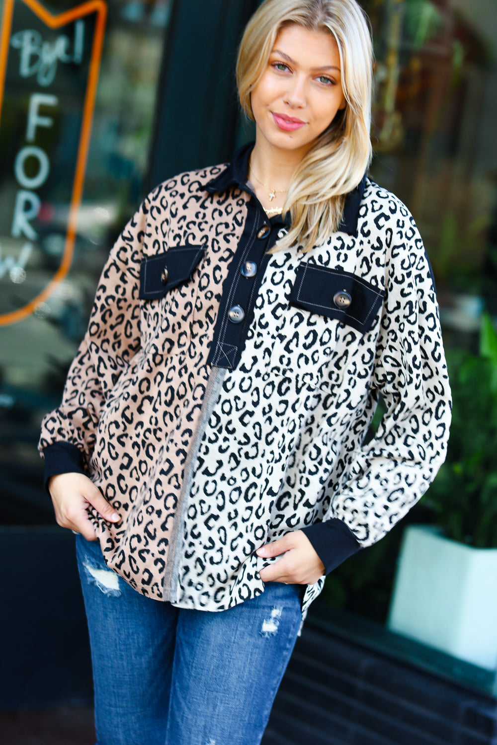 Fun Days Ahead Camel Leopard Color Block Button Down Pullover