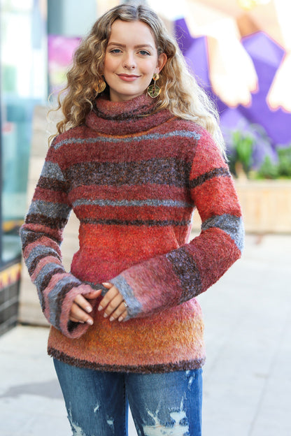 Going My Way Rust & Mustard Stripe Boucle Turtleneck Sweater