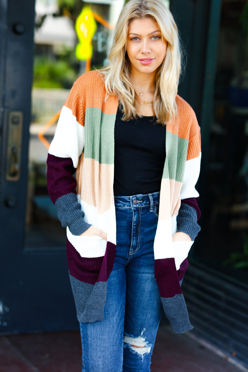 Perfectly You Plum & Olive Color Block Open Cardigan